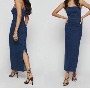 Reformation Eugenia Denim Midi Dress Women Dark Blue Strapless 10